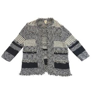 Chicos 3 Boho Fringe Open Front Knit Cardigan‎ Sweater Jacket Navy White Size XL